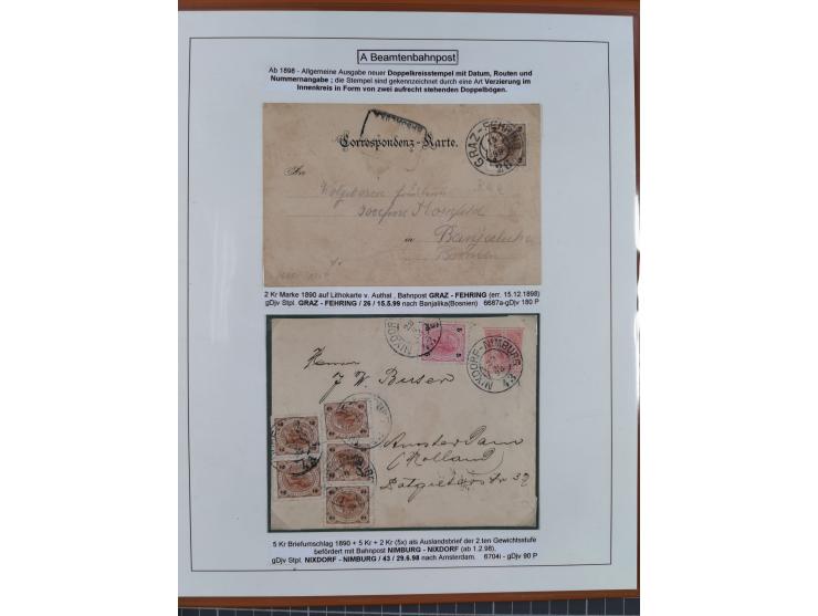 1883/1915, umfangreiche aufgezogene Sammlung “Bahnpost” mit über 145 Briefen und Karten, viele interessante Verwendungen, seh