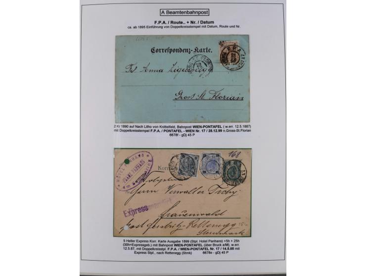 1883/1915, umfangreiche aufgezogene Sammlung “Bahnpost” mit über 145 Briefen und Karten, viele interessante Verwendungen, seh