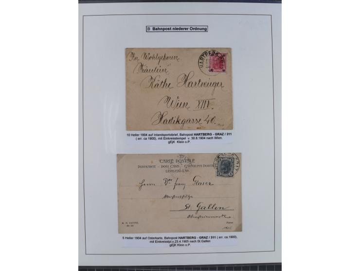 1883/1915, umfangreiche aufgezogene Sammlung “Bahnpost” mit über 145 Briefen und Karten, viele interessante Verwendungen, seh