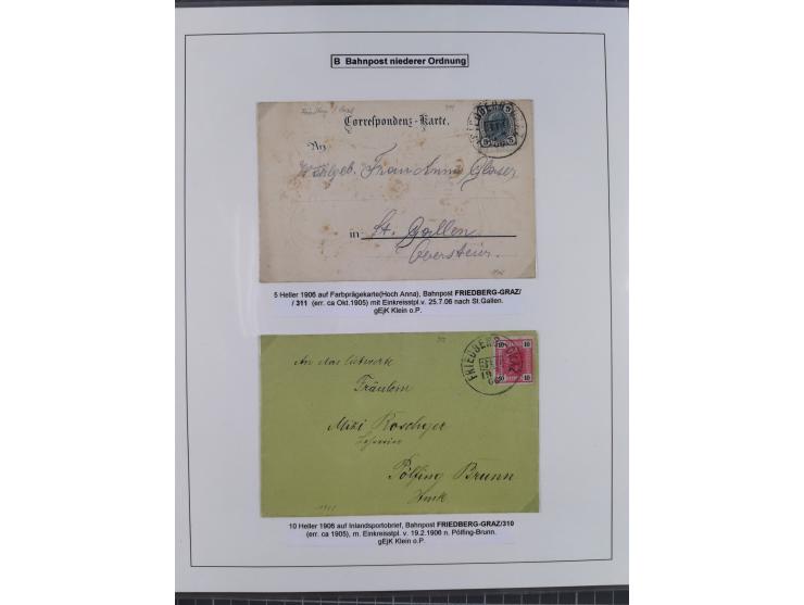 1883/1915, umfangreiche aufgezogene Sammlung “Bahnpost” mit über 145 Briefen und Karten, viele interessante Verwendungen, seh