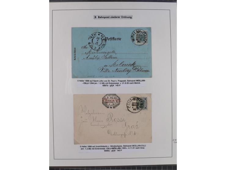 1883/1915, umfangreiche aufgezogene Sammlung “Bahnpost” mit über 145 Briefen und Karten, viele interessante Verwendungen, seh