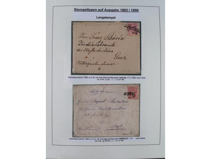 1883/90 (ca.), große aufgezogene Sammlung “Stempeltypen auf den Ausgaben 1883/90” mit über 320 Briefen und Karten, viele lose