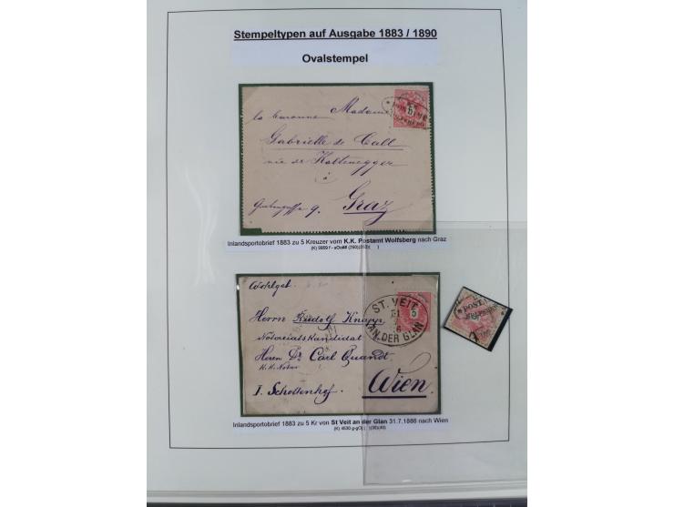 1883/90 (ca.), große aufgezogene Sammlung “Stempeltypen auf den Ausgaben 1883/90” mit über 320 Briefen und Karten, viele lose