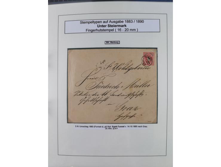 1883/90 (ca.), große aufgezogene Sammlung “Stempeltypen auf den Ausgaben 1883/90” mit über 320 Briefen und Karten, viele lose