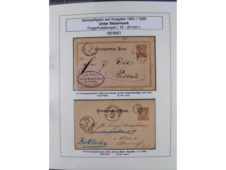 1883/90 (ca.), große aufgezogene Sammlung “Stempeltypen auf den Ausgaben 1883/90” mit über 320 Briefen und Karten, viele lose