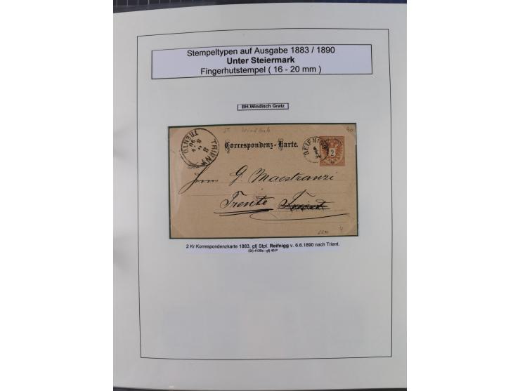 1883/90 (ca.), große aufgezogene Sammlung “Stempeltypen auf den Ausgaben 1883/90” mit über 320 Briefen und Karten, viele lose