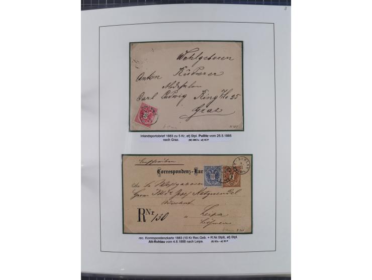 1883/90 (ca.), große aufgezogene Sammlung “Stempeltypen auf den Ausgaben 1883/90” mit über 320 Briefen und Karten, viele lose
