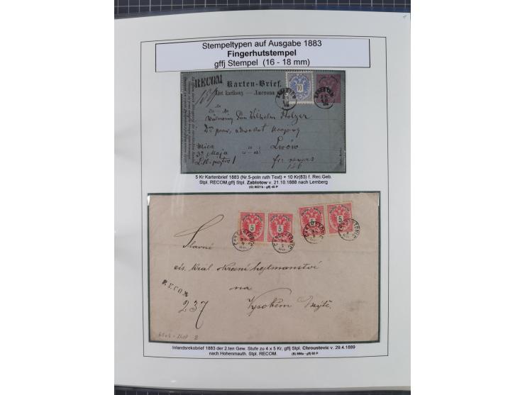 1883/90 (ca.), große aufgezogene Sammlung “Stempeltypen auf den Ausgaben 1883/90” mit über 320 Briefen und Karten, viele lose