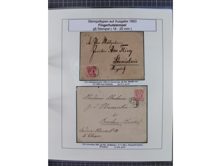 1883/90 (ca.), große aufgezogene Sammlung “Stempeltypen auf den Ausgaben 1883/90” mit über 320 Briefen und Karten, viele lose