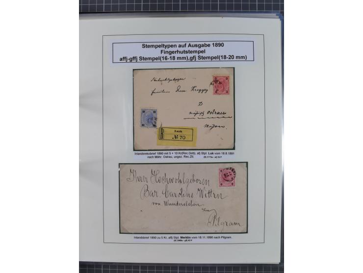 1883/90 (ca.), große aufgezogene Sammlung “Stempeltypen auf den Ausgaben 1883/90” mit über 320 Briefen und Karten, viele lose