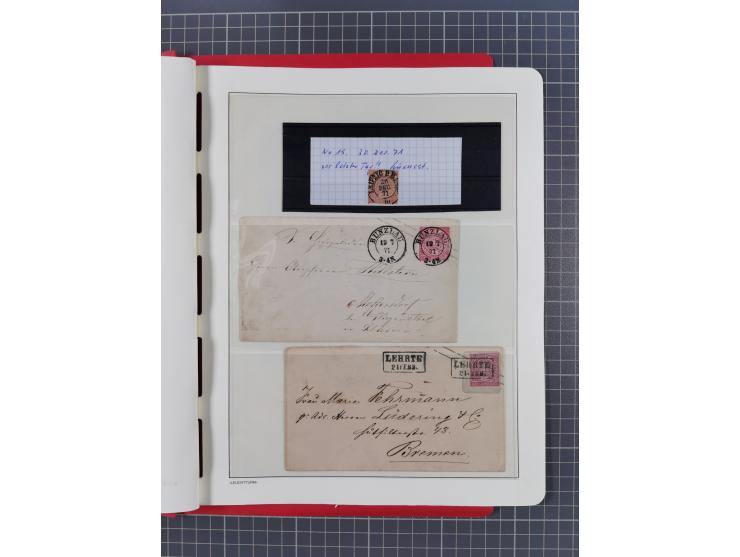 1865/1922, kleine Stempel-Sammlung auf losen Marken, Briefstücken und ca. 20 Briefen, Karten und GSK. Dabei u.a. Hufeisenstem
