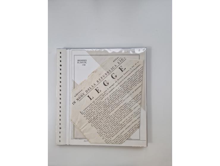 LIGURIA: 1700/1888, Ausstellungssammlung mit 74 Briefen und Dokumenten, angefangen ab Zirkularen, dabei u.a. Bogen zur Erfass