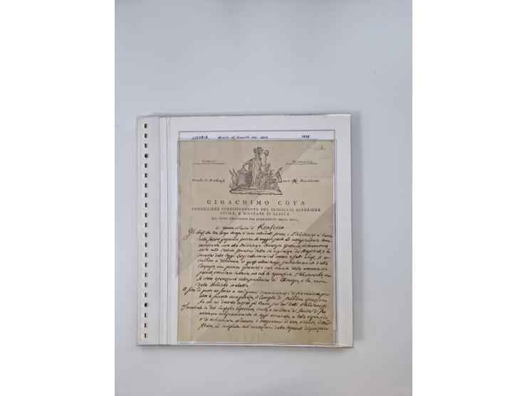 LIGURIA: 1700/1888, Ausstellungssammlung mit 74 Briefen und Dokumenten, angefangen ab Zirkularen, dabei u.a. Bogen zur Erfass