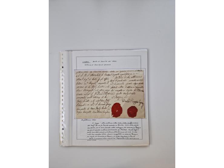 LIGURIA: 1700/1888, Ausstellungssammlung mit 74 Briefen und Dokumenten, angefangen ab Zirkularen, dabei u.a. Bogen zur Erfass