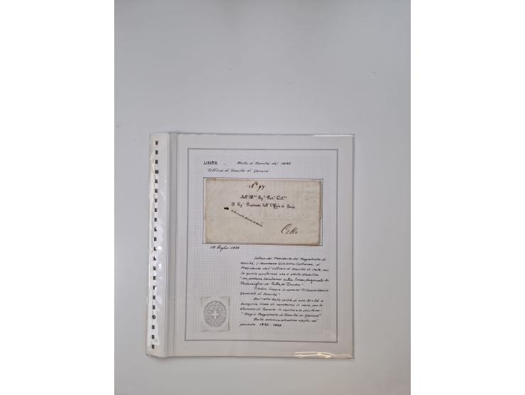 LIGURIA: 1700/1888, Ausstellungssammlung mit 74 Briefen und Dokumenten, angefangen ab Zirkularen, dabei u.a. Bogen zur Erfass