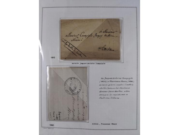 SARDINIEN: 1772/1960, Ausstellungssammlung “Die Stempel der Berggemeinschaft Bassa Dora Baltea” mit über 100 Briefen und Doku