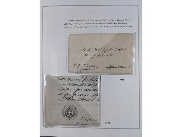 SARDINIEN: 1772/1960, Ausstellungssammlung “Die Stempel der Berggemeinschaft Bassa Dora Baltea” mit über 100 Briefen und Doku