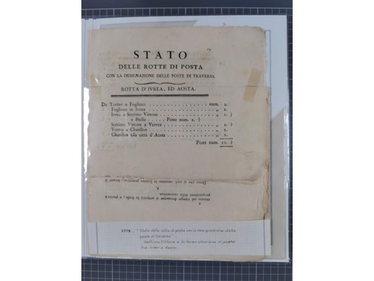 SARDINIEN: 1772/1960, Ausstellungssammlung “Die Stempel der Berggemeinschaft Bassa Dora Baltea” mit über 100 Briefen und Doku