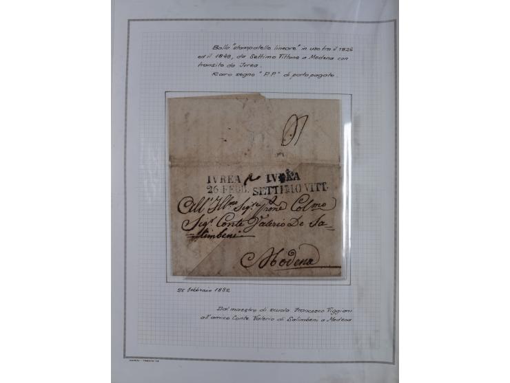 SARDINIEN: 1772/1960, Ausstellungssammlung “Die Stempel der Berggemeinschaft Bassa Dora Baltea” mit über 100 Briefen und Doku