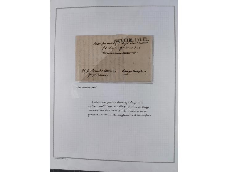 SARDINIEN: 1772/1960, Ausstellungssammlung “Die Stempel der Berggemeinschaft Bassa Dora Baltea” mit über 100 Briefen und Doku