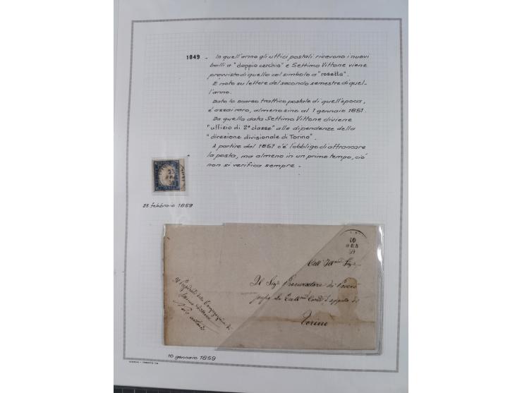 SARDINIEN: 1772/1960, Ausstellungssammlung “Die Stempel der Berggemeinschaft Bassa Dora Baltea” mit über 100 Briefen und Doku