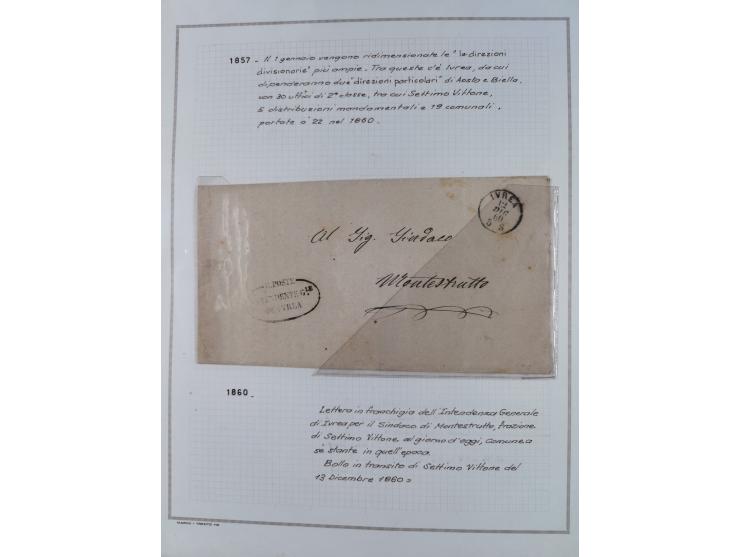 SARDINIEN: 1772/1960, Ausstellungssammlung “Die Stempel der Berggemeinschaft Bassa Dora Baltea” mit über 100 Briefen und Doku