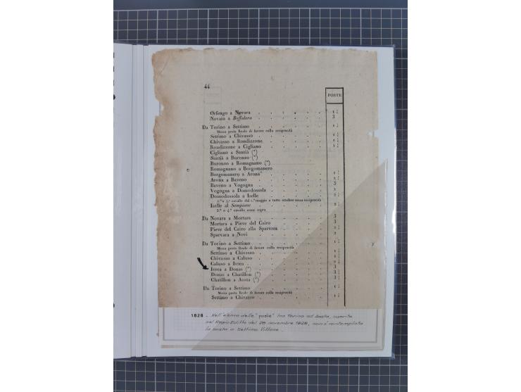 SARDINIEN: 1772/1960, Ausstellungssammlung “Die Stempel der Berggemeinschaft Bassa Dora Baltea” mit über 100 Briefen und Doku