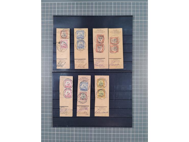 1899/1914, rund 60 Paketkarten- und Postanweisungsausschnitte mit diversen Frankaturen, dabei auch hohe Wertstufen und besser