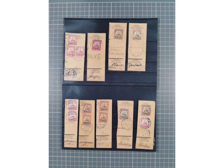 1899/1914, rund 60 Paketkarten- und Postanweisungsausschnitte mit diversen Frankaturen, dabei auch hohe Wertstufen und besser