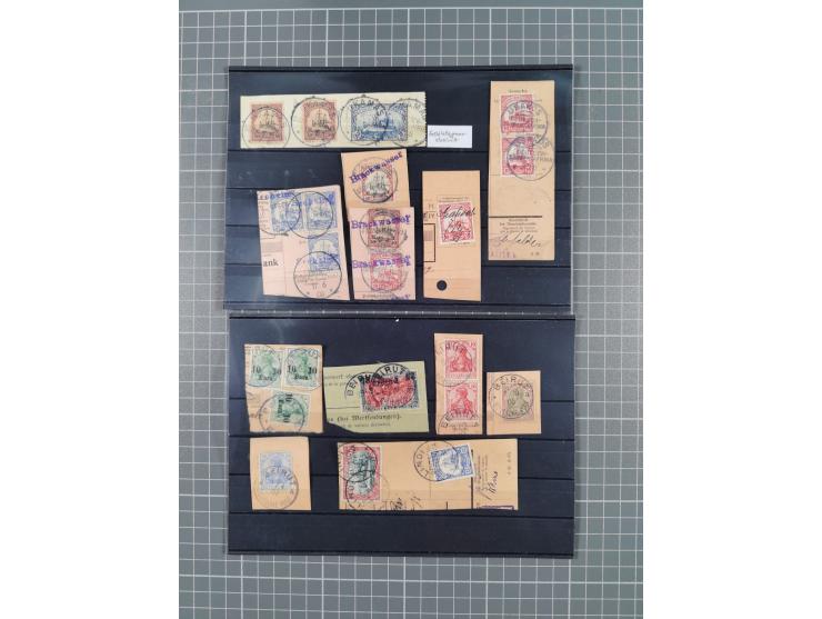 1899/1914, rund 60 Paketkarten- und Postanweisungsausschnitte mit diversen Frankaturen, dabei auch hohe Wertstufen und besser