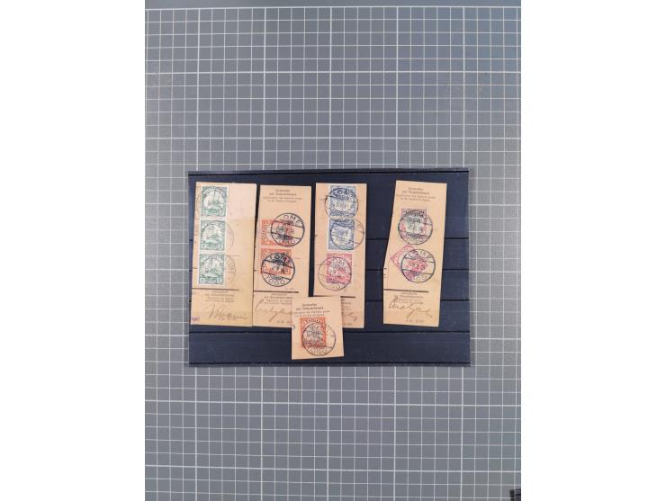1899/1914, rund 60 Paketkarten- und Postanweisungsausschnitte mit diversen Frankaturen, dabei auch hohe Wertstufen und besser
