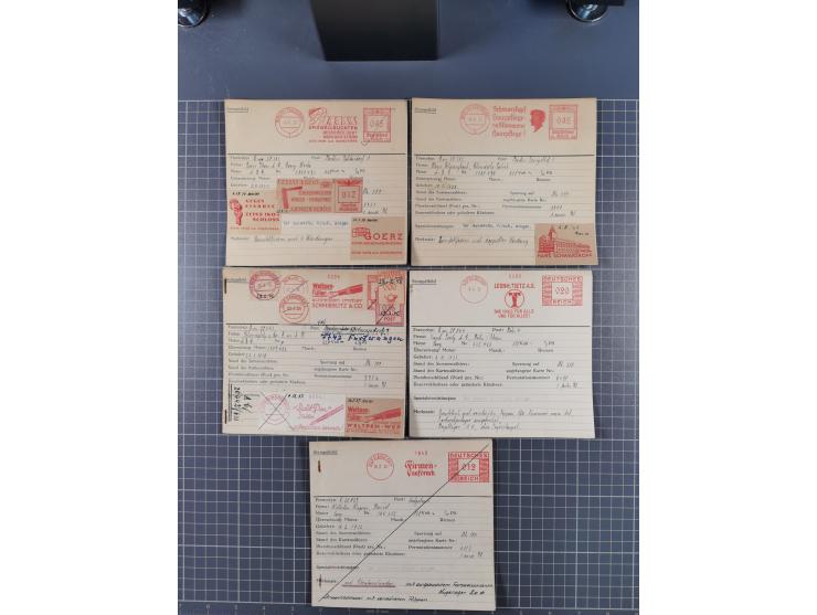 1928/45, umfangreicher Bestand &nbsp;“Absenderfreistempel Muster-Abschläge” auf geschätzt 1500-1800 Stammkarten der Firma “Fr