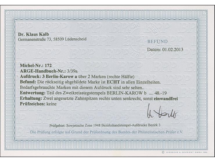 “3/Berlin-Karow a” (Arge 3/39a) auf Arbeiter 16 Pfg., sauber gestempelt, rechts unten zwei kaum sichtbar angesetzte Zahnspitz