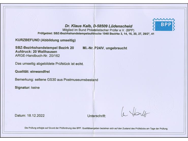 “20/Wallhausen” (Arge 20/162) auf Karte Arbeiter 30 Pfg., ungebraucht und einwandfrei; ein seltener Aufdruck aus Postmuseumbe