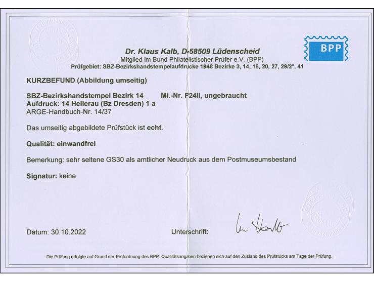 “14/Hellerau (Bz Dresden) 1 a” (Arge 14/37) auf Karte Arbeiter 30 Pfg.; sogen. Neudruck für das Postmuseum, ungebraucht und t