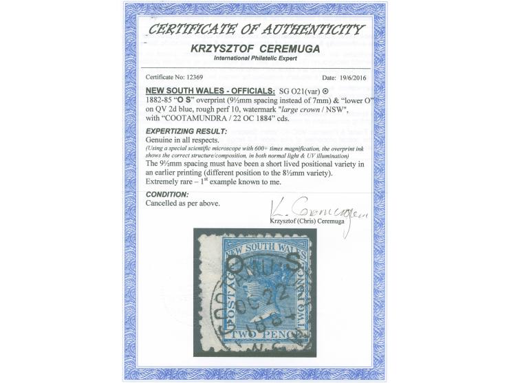 1882-85, 2 d. blue, overprinted "OS" in black showing variety 9,5 mm instead of 7 mm, wmk. Crown over NSW, rough perf. 10, a 