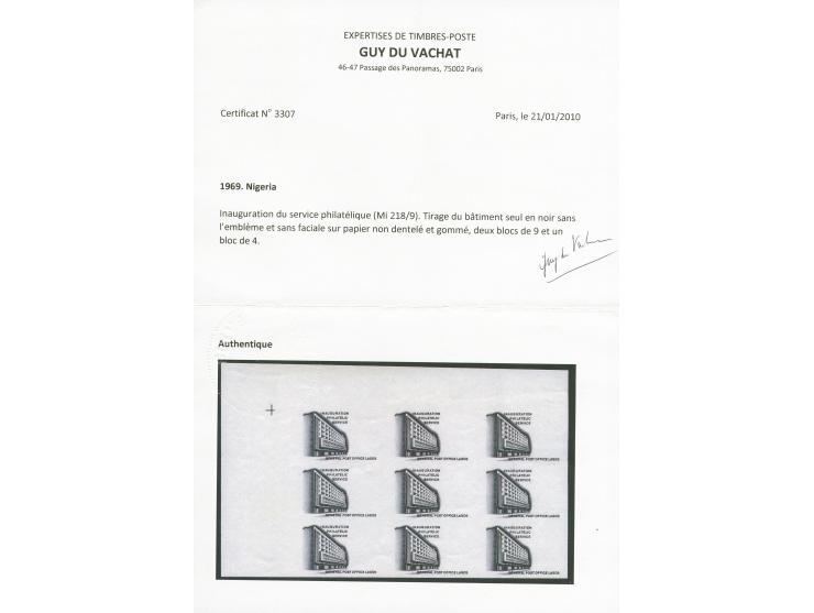 1969, Inauguration of Philatelic Service, imperf. plate proof of the central vignette only, in black on gummed paper, corner 