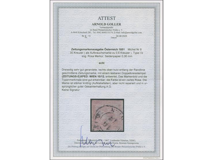 1851, “Rosa Merkur” 30 Kr., Type Ib, dreiseitig voll- bis breitrandig, oben kurz die Randlinie berührend, mit DKr. “(ZEITUNGS