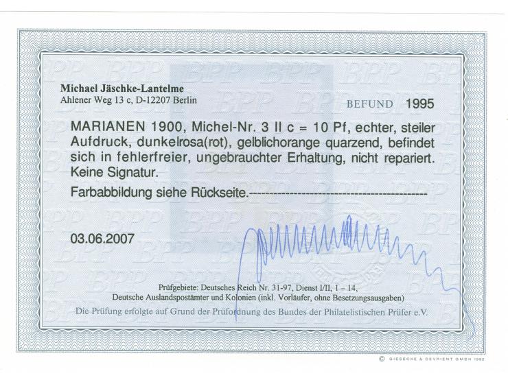 1900, 10 Pfg dunkelrosarot, steiler Aufdruck sauber ungebraucht in fehlerfreier Erhaltung, nicht repariert, Befund Jäschke-L.