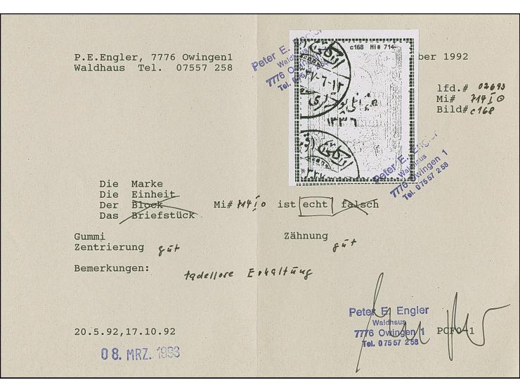 1920, 500  pia. orange handstamped 1336, clear cancelled ‘Eregli (Konya)’, no cut. Certificate Engler ‘without any faults’, f