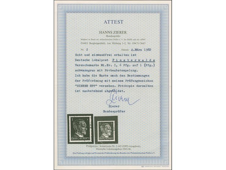 1945, Probedruck Hitler 1 Pfg. mit Probeabstempelung, Attest Zierer BPP (1982)