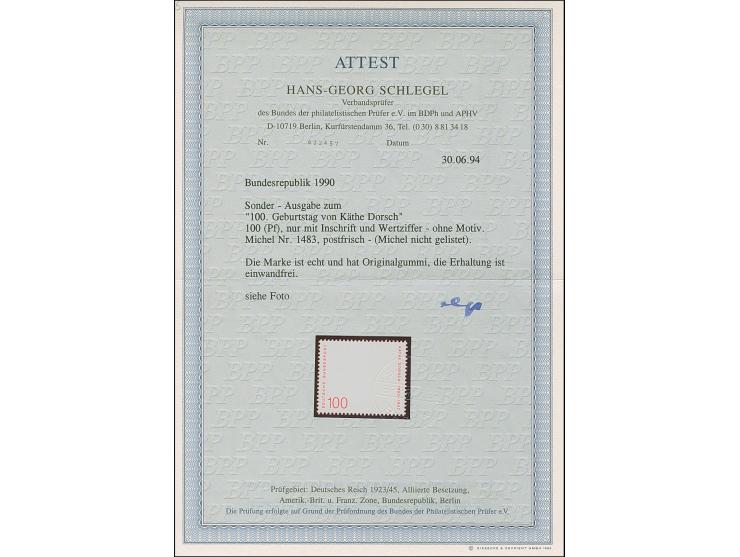 1990, Käthe Dorsch 100 Pfg., Abart 'alle Farben außer rot fehlend', postfrisch, Fotoattest Schlegel BPP (1994)