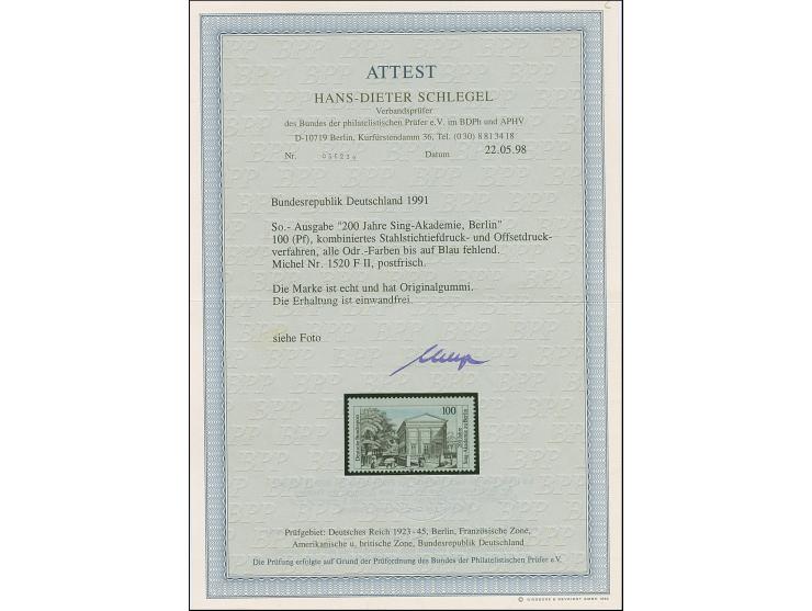 1993, Sing-Akademie 100 Pfg., Abart 'alle Odr.-Farben außer blau fehlend', postfrisch, Fotoattest Schlegel BPP (1998)