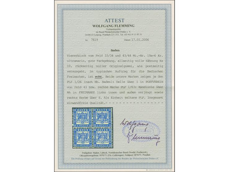 1862/66, 6 Kr. ultramarin im Viererblock, die beiden unteren Werte mit Plattenfehlern (Handbuch 1/26 bzw. 1/63), postfrisch. 
