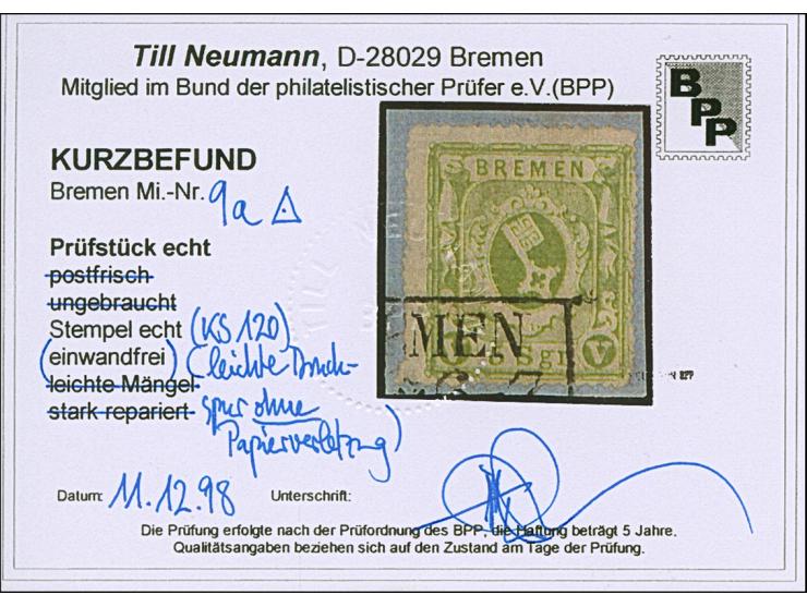 1863, 5 Sgr. gelbgrün, sauber gestempelt auf Briefstück, minimale Druckspur, sonst tadellos. Kurzbefund Neumann BPP