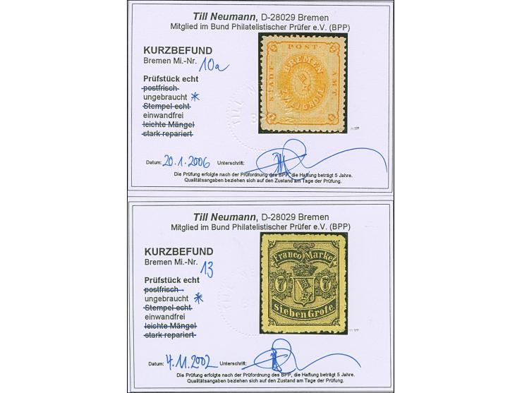 1866/67, 2 Gr. gelblichorange und 7 Gr. auf gelb, ungebraucht mit Originalgummi, einwandfrei, jeweils Kurzbefund Neumann BPP