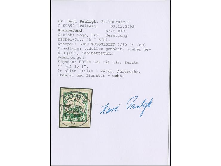 1914, One penny on 5 Pfg., Zeilenabstand 3 mm, sauber gestempelt auf Briefstück. Signiert Bothe BPP und Kurzbefund Dr. Paulig