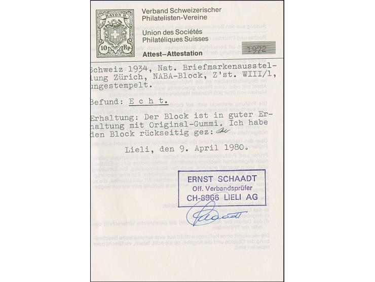 1934, NABA-Block, postfrisch, einwandfrei. Signiert Schaadt mit Kurzbefund