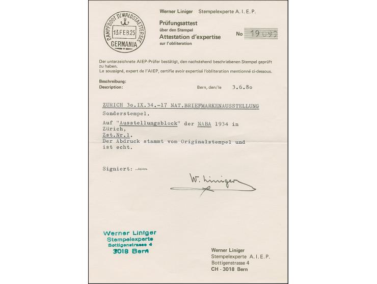 1934, NABA-Block mit entsprechendem Sonderstempel, einwandfrei. Signiert Lininger mit Befund (1980)