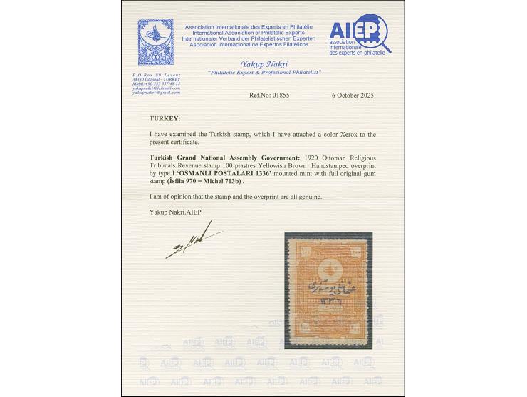 1920, Religious Tribunals 100 pia. yellowish-brown handstamped 1336 type I, unused, very fine. Certificate Y. Nakri (2025)